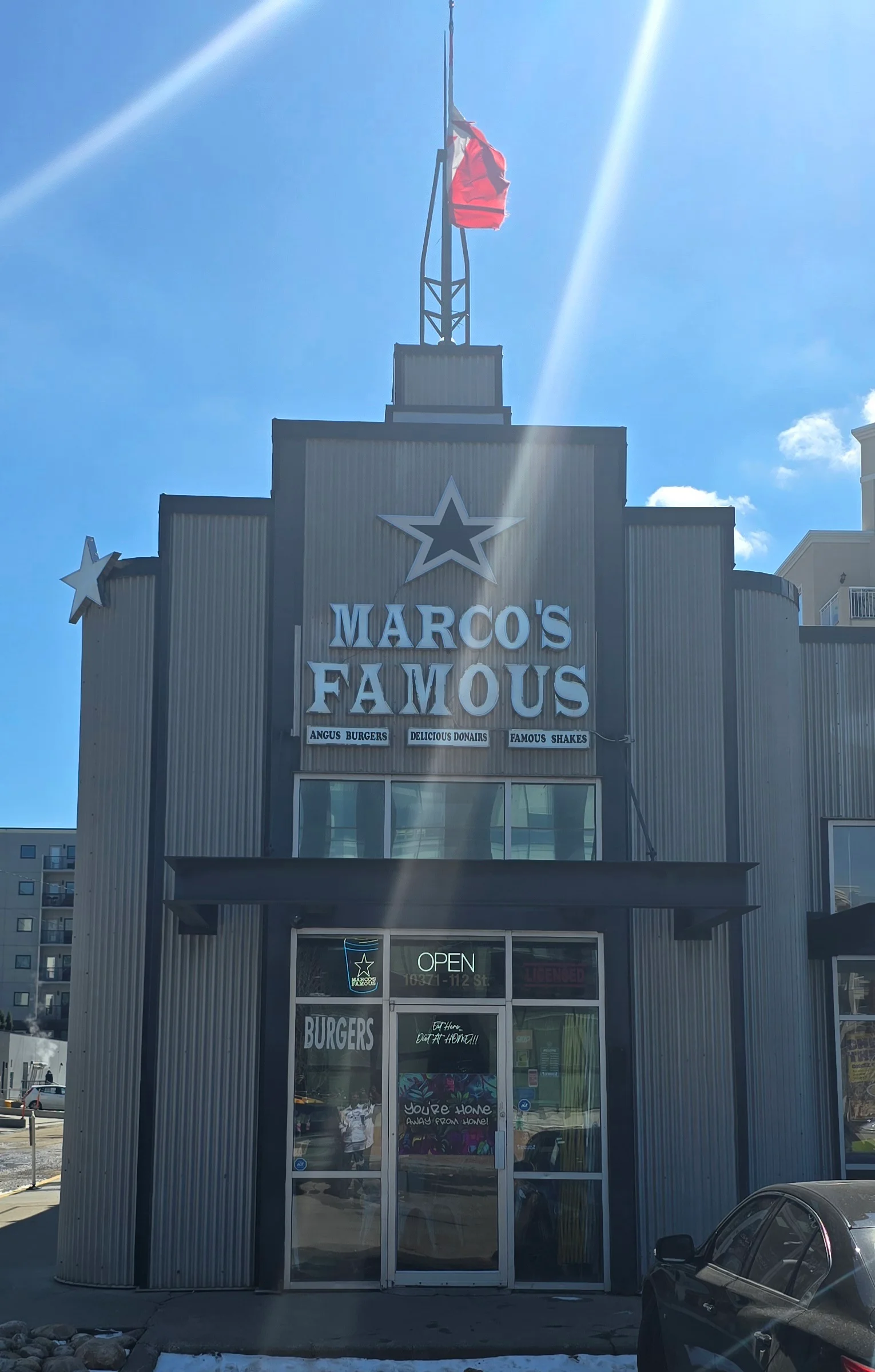 Marcos Famous restaurant interior in Oliver, Edmonton — local donair and burger spot since 2004